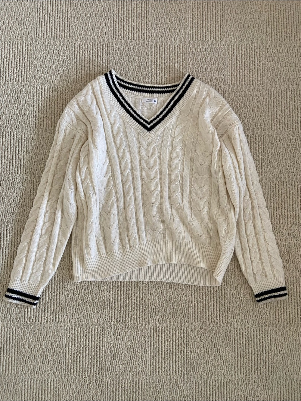 Ardene Cream Cable-Knit V-Neck Sweater with Black Trim